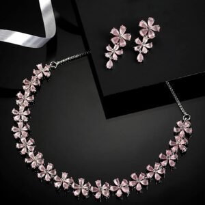 Rhodium Plated Silver Toned White American Diamond Studded Flower Shaped Neclace