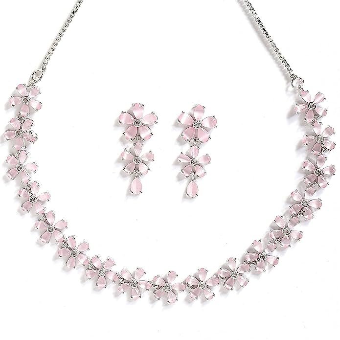 Rhodium Plated Silver Toned White American Diamond Studded Flower Shaped Neclace - Image 2