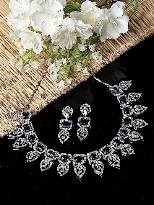 Leaf Style AD/American Diamond Rectangle Shaped Studded Rose Gold Plated Handcrafted Circle Necklace - Image 2