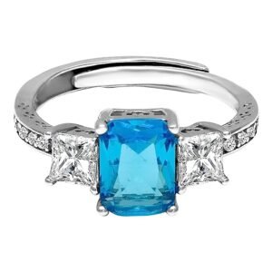 925 Sterling Silver Aqua Blue Baguette Ring , Adjustable