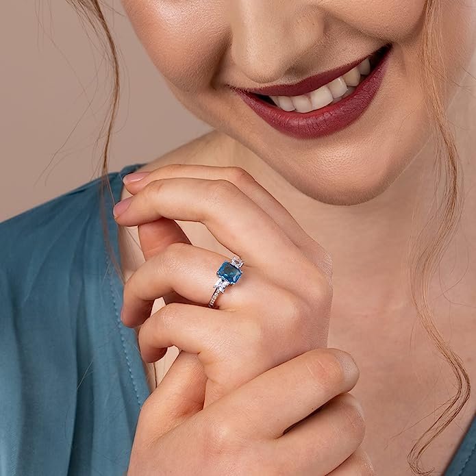 925 Sterling Silver Aqua Blue Baguette Ring , Adjustable - Image 2